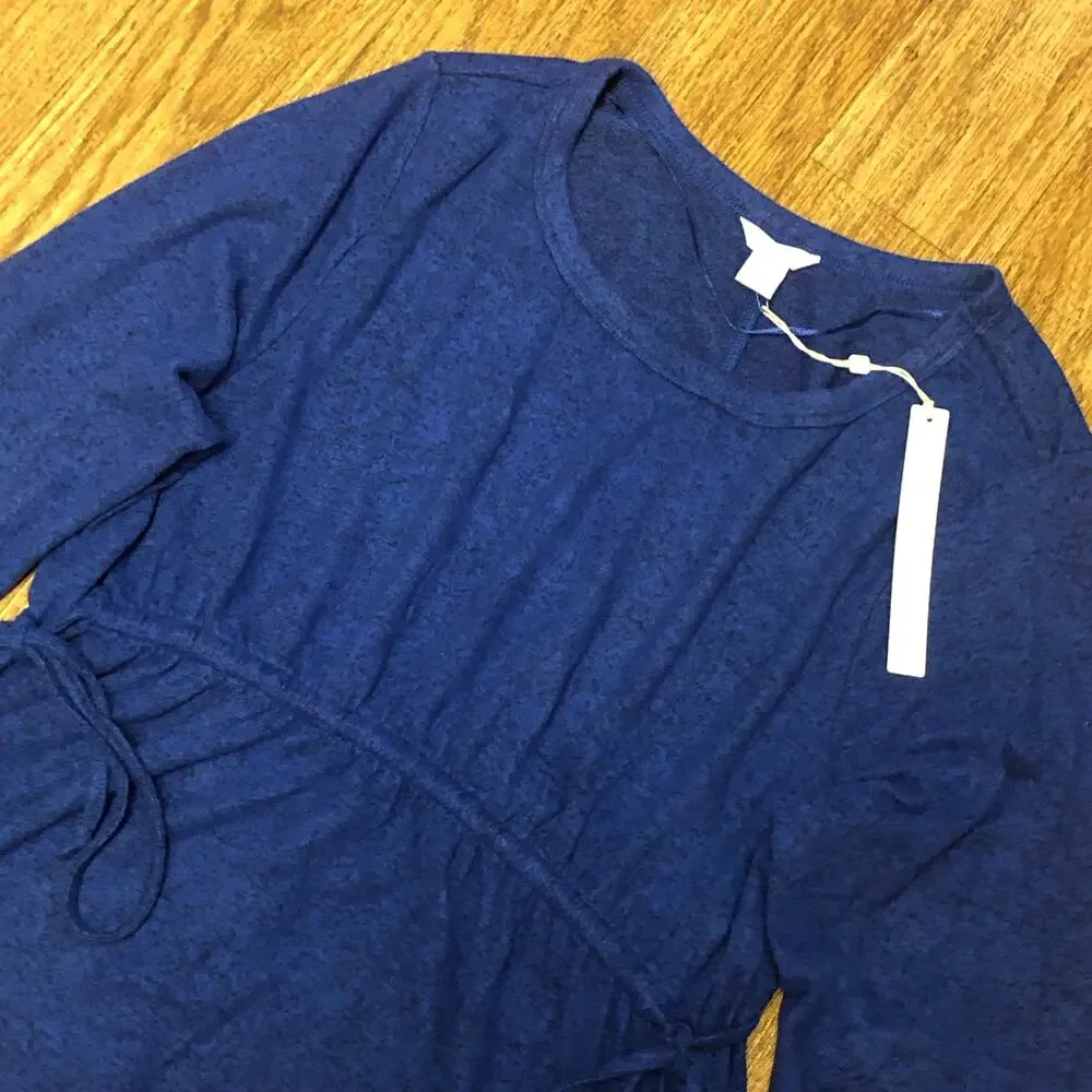 Nordstrom Caslon Blue Crewneck Long Sleeve Drawstring Peplum Blouse Size Medium - Picture 3 of 10